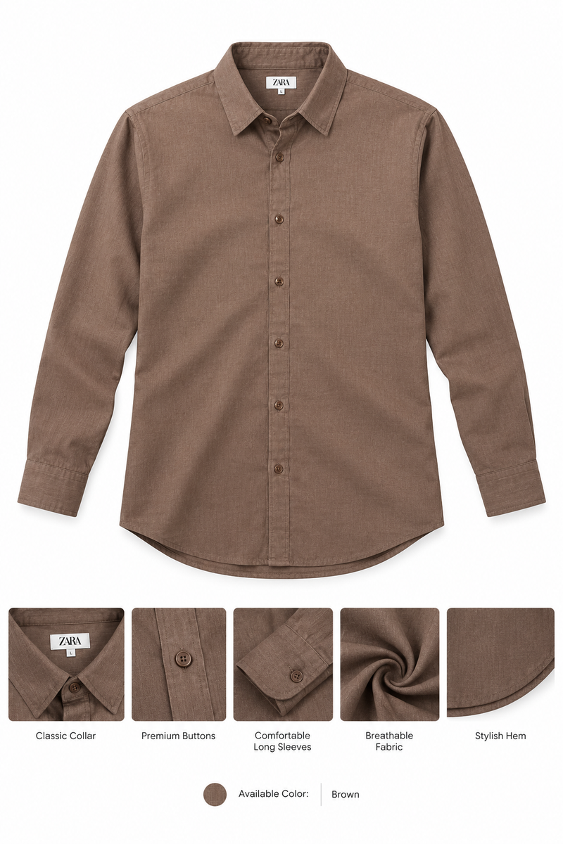 Men’s Premium Brown Casual Button-Up Shirt – Long Sleeve